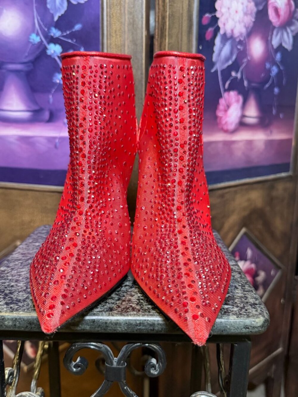Nine West Red Rhinestone Jeweled Mesh Pointed Toe Stiletto Booties 9.5